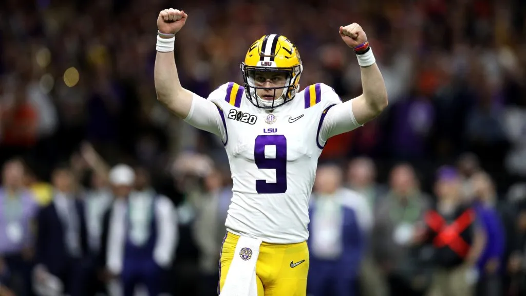 Joe Burrow #9 of the LSU Tigers reacts to a touchdown against Clemson Tigers during the third quarter in the College Football Playoff National Championship game in 2020. (Source: Chris Graythen/Getty Images)