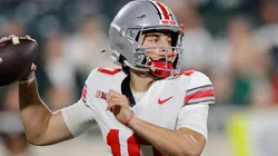 Julian Sayin #10 of the Ohio State Buckeyes drops back to pass during the second half against the Michigan State Spartans at Spartan Stadium on September 28, 2024 in East Lansing, Michigan.