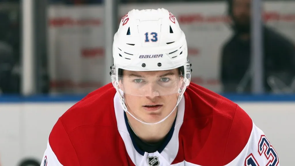 Cole Caufield #13 of the Montreal Canadiens skates against the New York Islanders at UBS Arena on October 19, 2024 in Elmont, New York.