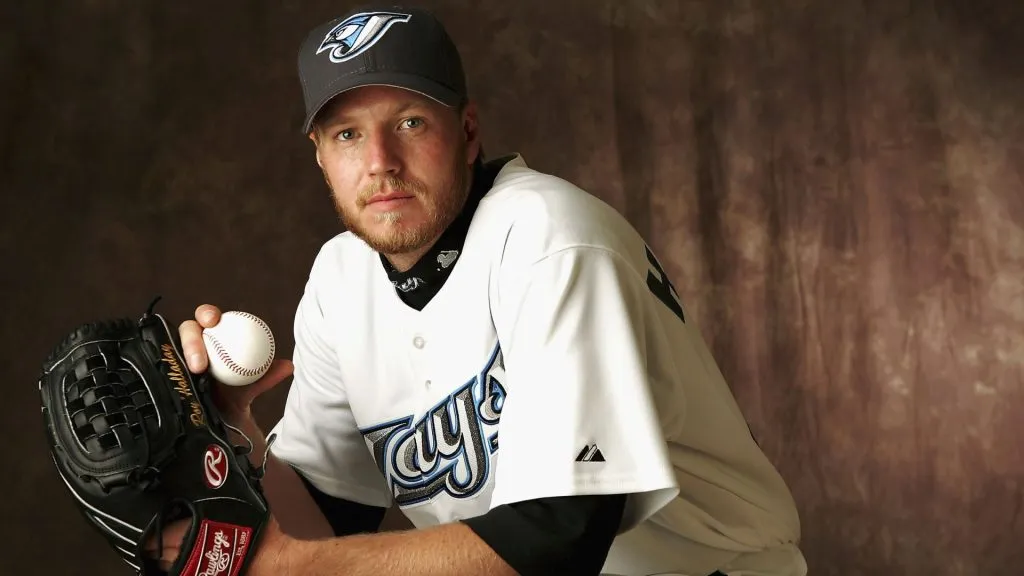 Roy Halladay #32 of the Toronto Blue Jays poses for a portrait during Blue Jays Photo Day at the Bobby Mattick Training Center on February 28, 2005. (Source: Andy Lyons/Getty Images)