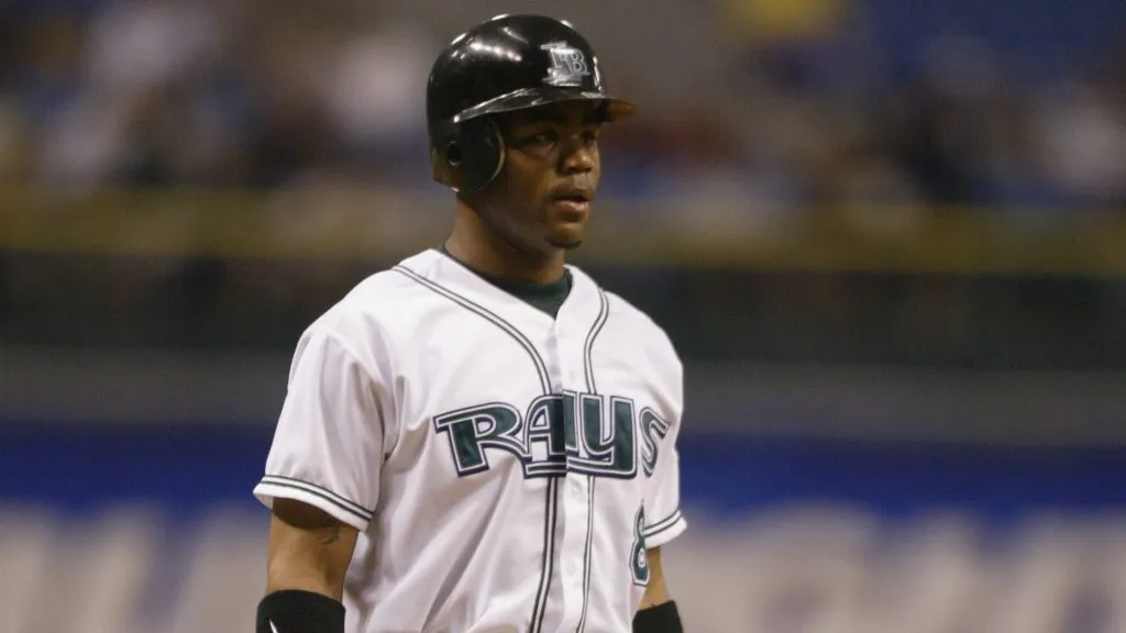 Left fielder Carl Crawford #8 of the Tampa Bay Devil Rays stands on the base during the game against the New York Yankes on September 17, 2002. (Source: Andy Lyons/Getty Images)