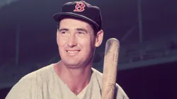 Baseball legend Ted Williams (1918 - 2002) of the Boston Red Sox holds a bat circa 1955.