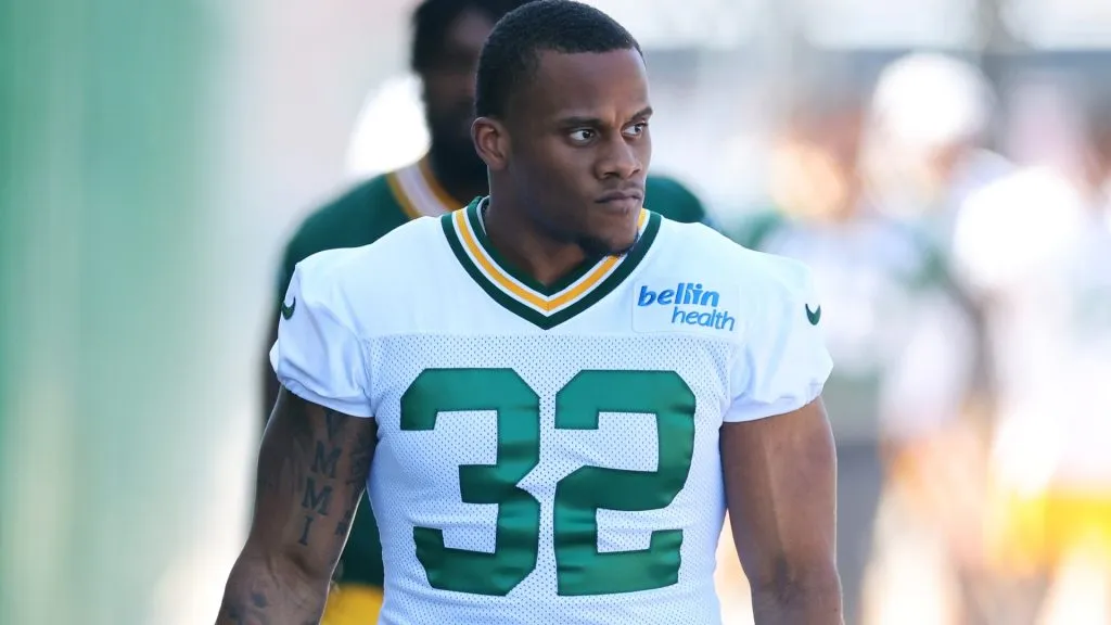 MarShawn Lloyd #32 of the Green Bay Packers walks to Ray Nitschke Field for rookie minicamp on May 03, 2024 in Green Bay, Wisconsin.