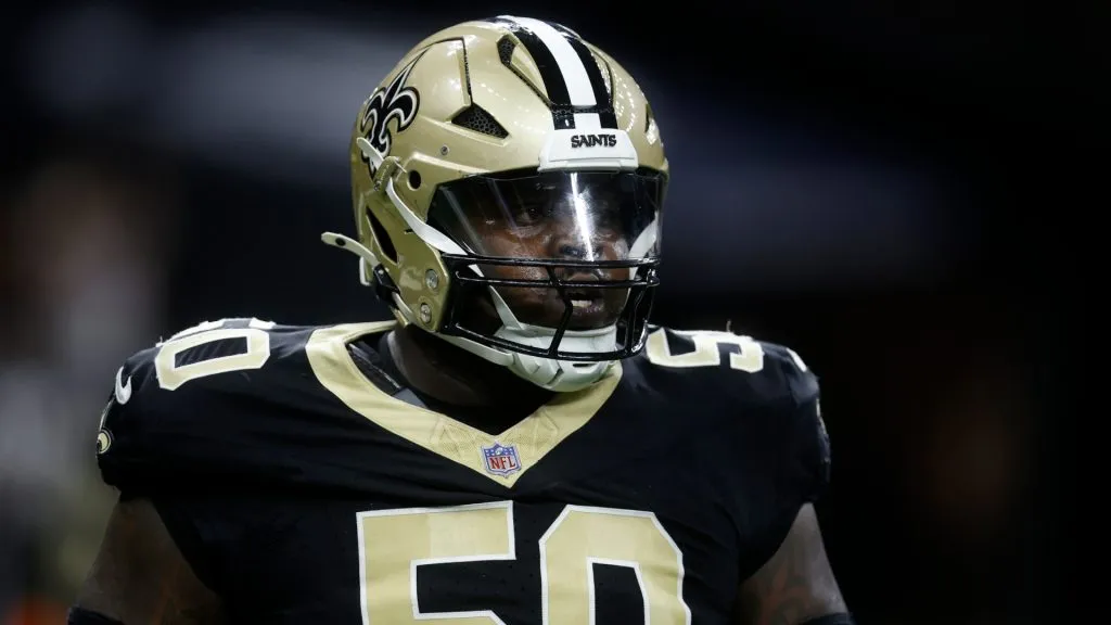 Khalen Saunders #50 of the New Orleans Saints looks on during the game against the Cleveland Browns at Caesars Superdome on November 17, 2024 in New Orleans, Louisiana.