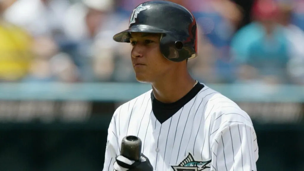 Miguel Cabrera #20 of the Florida Marlins walks to the batter’s box against the Philadelphia Phillies on July 27, 2003. (Source: Eliot J. Schechter/Getty Images)