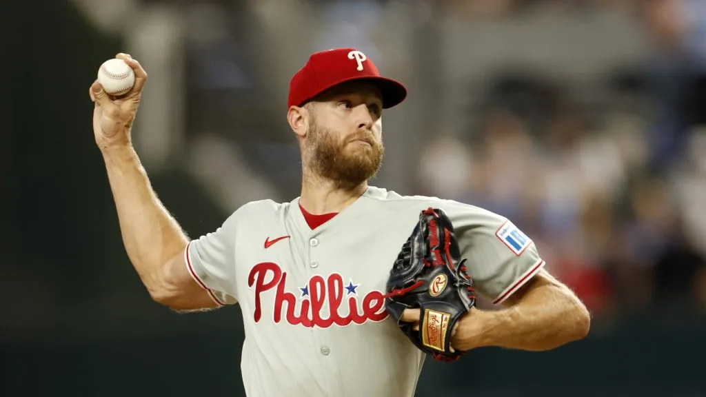 Zack Wheeler #45 of the Philadelphia Phillies pitches against the Texas Rangers