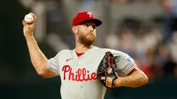 Zack Wheeler #45 of the Philadelphia Phillies pitches against the Texas Rangers during the second inning at Globe Life Field on August 10, 2025 in Arlington, Texas.