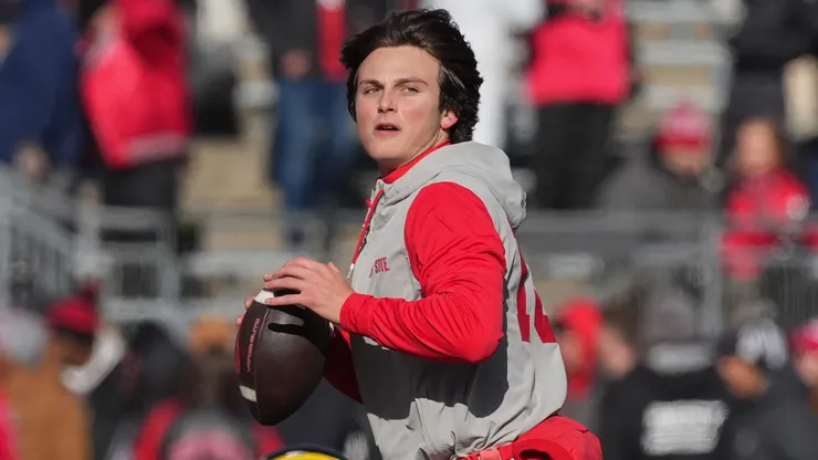 Quarterback Julian Sayin #10 of the Ohio State Buckeyes warms up before the game against the Michigan Wolverines at Ohio Stadium on November 30, 2024 in Columbus, Ohio.