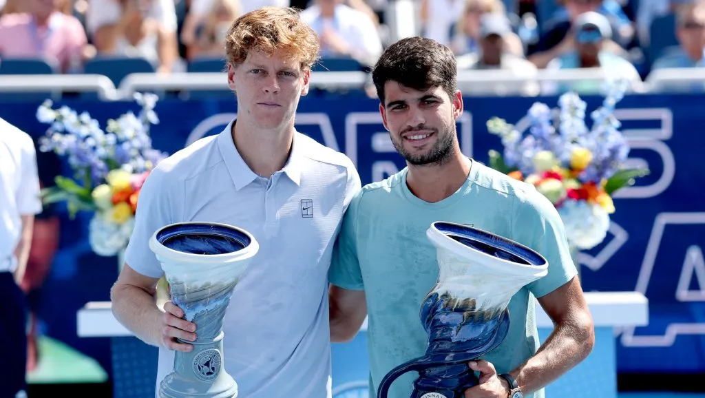 Jannik Sinner and Carlos Alcaraz after the 2025 Cincinnati final (Getty Images)