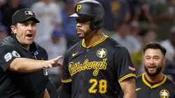 Tommy Pham #28 of the Pittsburgh Pirates looks into the dugout after flipping his bat.