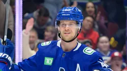 Elias Pettersson #40 of the Vancouver Canucks at Rogers Arena on March 23, 2024 in Vancouver, British Columbia, Canada.