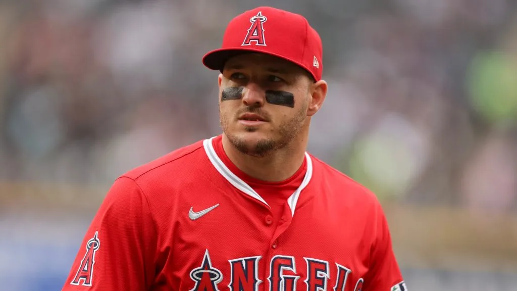 Mike Trout #27 of the Los Angeles Angels looks on during the first inning against the Chicago White Sox on Opening Day at Rate Field on March 27, 2025. (Source: Geoff Stellfox/Getty Images)