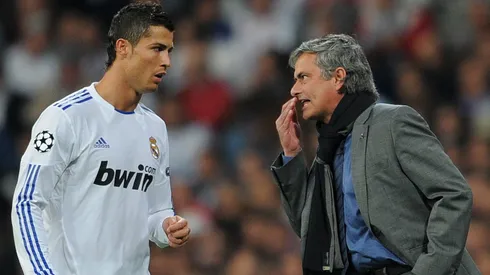 Head Coach Jose Mourinho (R) of Real Madrid instructs Cristiano Ronaldo during the UEFA Champions League.