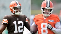 Shedeur Sanders #12 of the Cleveland Browns and Quarterback Kenny Pickett #8 of the Cleveland Browns.