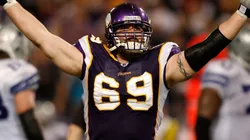 Defensive end Jared Allen #69 of the Minnesota Vikings celebrates his sack against Tony Romo #9 of the Dallas Cowboys during the second quarter of the NFC Divisional Playoff Game in 2010.
