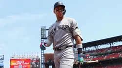 Aaron Judge #9 of the New York Yankees returns to the dugout after lining out against the St. Louis Cardinals.