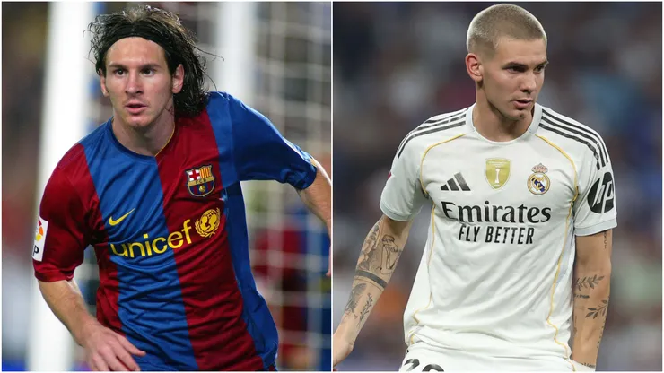 Lionel Messi during his time with Barcelona and Franco Mastantuono with Real Madrid.