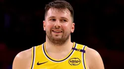 Luka Doncic #77 of the Los Angeles Lakers reacts after a basket during the second quarter against the Houston Rockets.