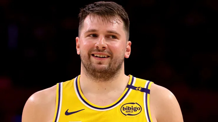 Luka Doncic #77 of the Los Angeles Lakers reacts after a basket during the second quarter against the Houston Rockets.