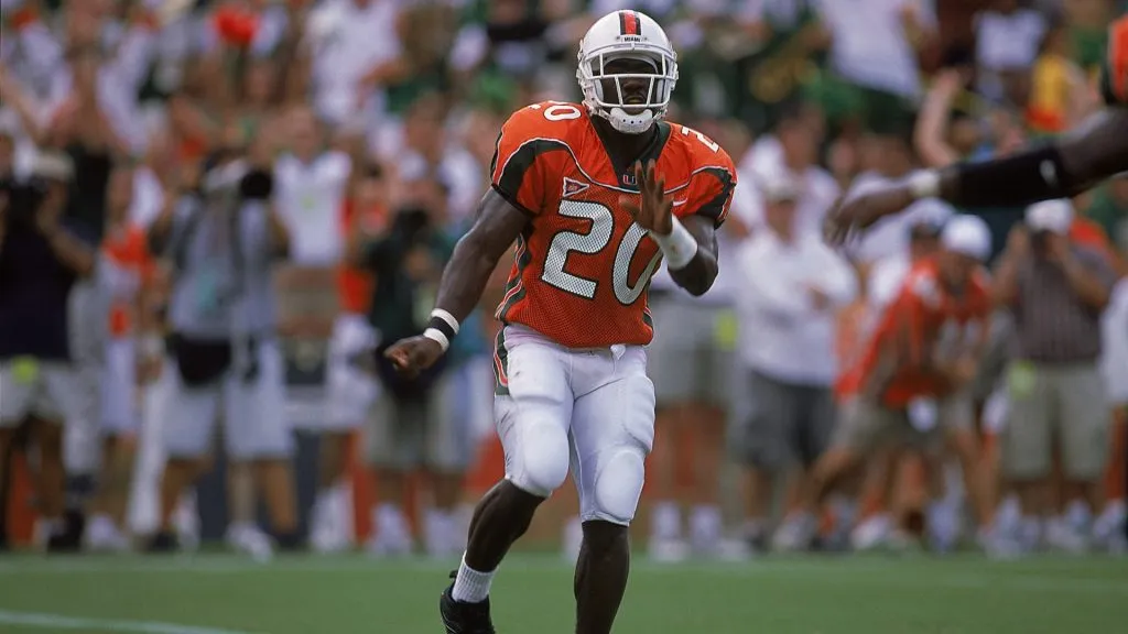 Edward Reed #20 of the Miami Hurricanes moves on the field during the game against the Pittsburgh Panthers at the Orange Bowl in 2000. (Source: Andy Lyons /Allsport)
