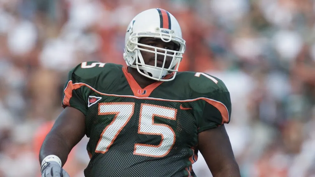 Defensive end Vince Wilfork #75 of the Miami Hurricanes stands on the field during the Big East Conference football game against the Syracuse Orangemen on November 17, 2001. (Source: Eliot Schechter/Getty Images)