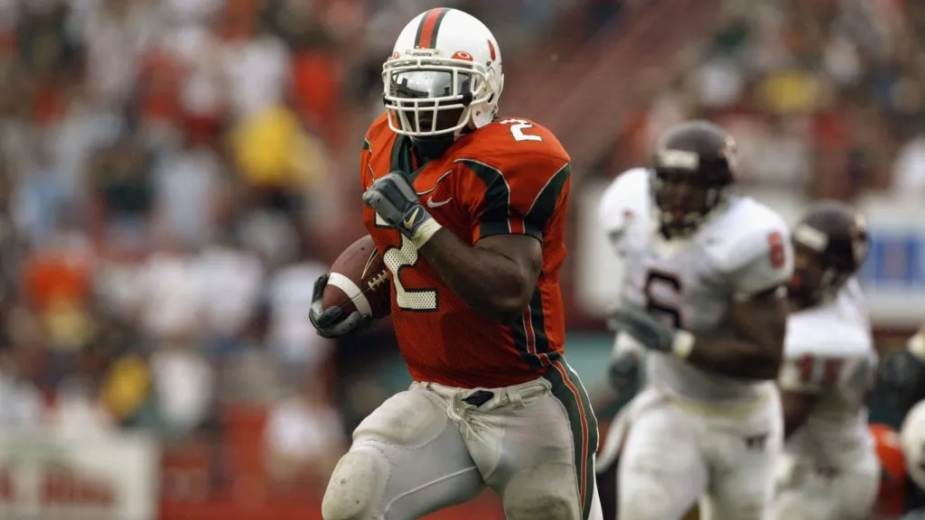 Willis McGahee carries the ball against the Virginia Polytechnic Institute and State University Hokies during the game at the Orange Bowl on December 7, 2002. (Source: Jed Jacobsohn/Getty Images)