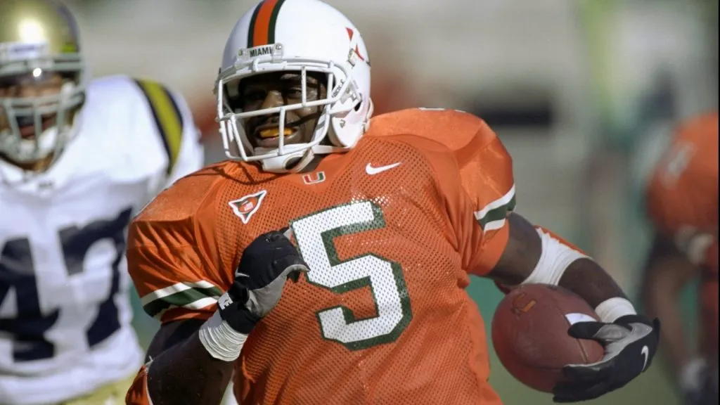 Running back Edgerrin James #5 of the University of Miami Hurricanes in action during the game against the UCLA Bruins at the Orange Bowl in 1998. (Source: Eliot Schecter /Allsport)