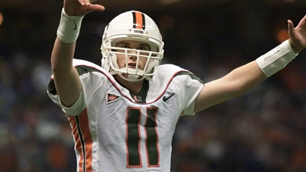 Ken Dorsey #11 of the Miami Hurricanes signals number one to the fans after scoring their last touchdown against the Florida Gators in the fourth quarter of the Sugar Bowl in 2001. (Source: Brian Bahr/ALLSPORT)