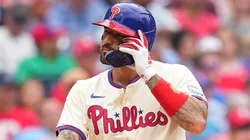 Nick Castellanos #8 of the Philadelphia Phillies looks on after striking out to end the seventh inning.