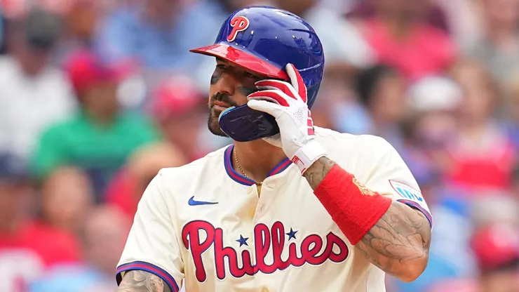 Nick Castellanos #8 of the Philadelphia Phillies looks on after striking out to end the seventh inning.