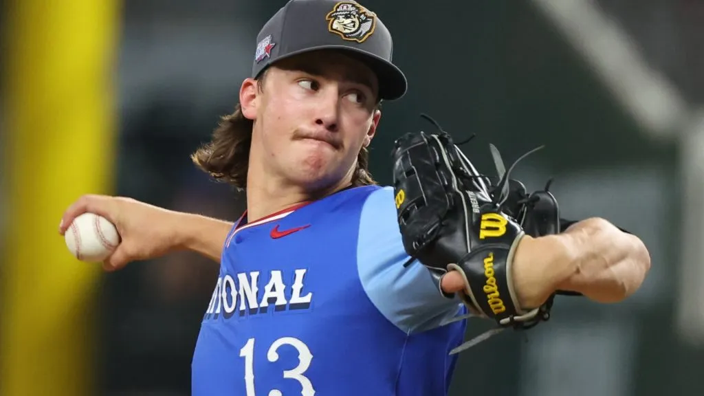 Bubba Chandler #13 of the Pittsburgh Pirates pitches during the seventh inning of the All-Star Futures Game at Globe Life Field on July 13, 2024. (Source: Richard Rodriguez/Getty Images)