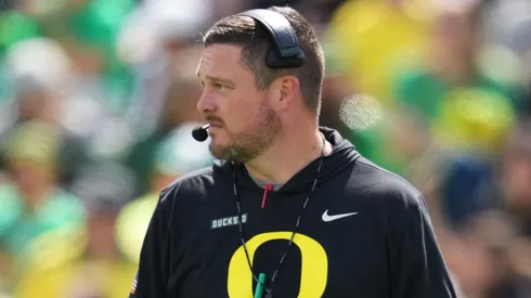 HC Dan Lanning of the Oregon Ducks looks on during the Oregon spring game.