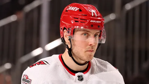 Jesper Fast #71 of the Carolina Hurricanes against the New Jersey Devils during the third period at Prudential Center on March 12, 2023.