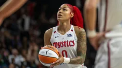 Shakira Austin #0 of the Washington Mystics shoots a free-throw against the Los Angeles Sparks at Carefirst Arena on July 22, 2025.