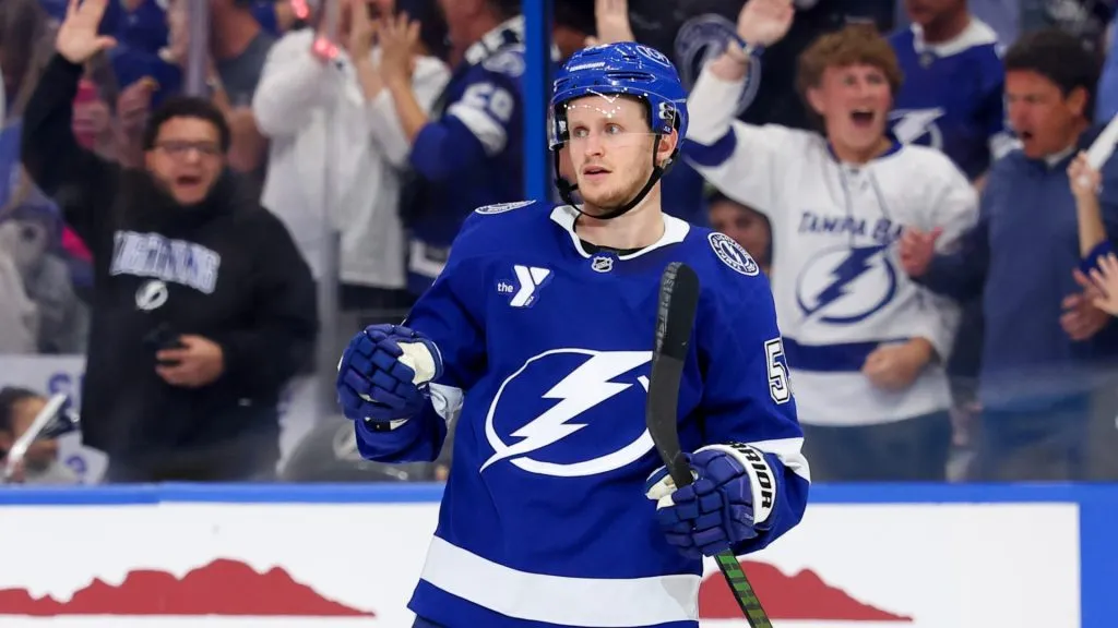 Jake Guentzel of the Tampa Bay Lightning celebrates a goal against the Florida Panthers at Amalie Arena.