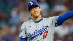 Starting pitcher Shohei Ohtani #17 of the Los Angeles Dodgers reacts after giving up an RBI single to Tyler Freeman.