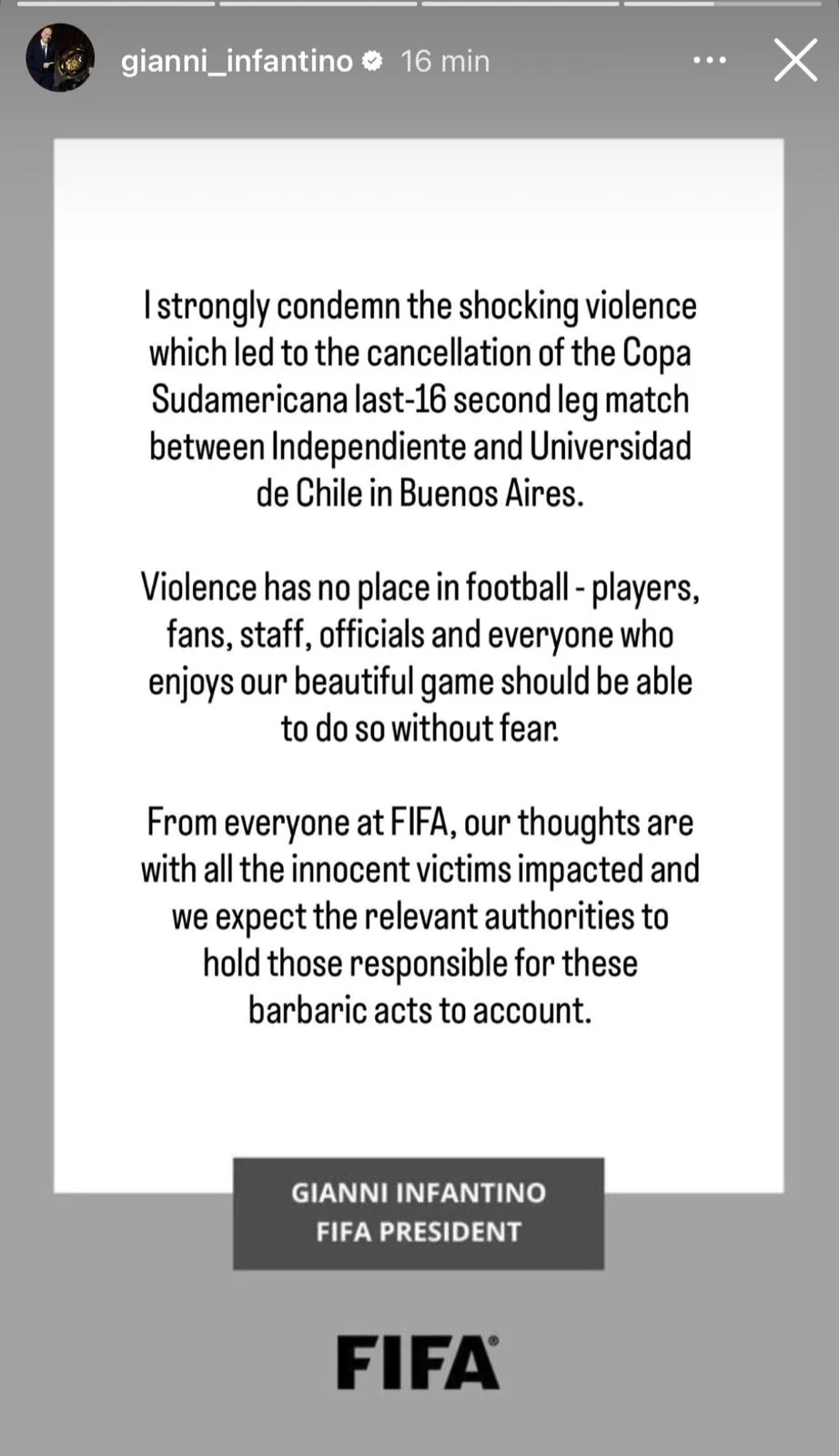 Gianni Infantino message on Instagram