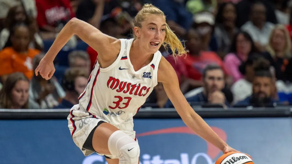 Lucy Olsen #33 of the Washington Mystics handles the ball against the Los Angeles Sparks at Carefirst Arena on July 22, 2025. (Source: Brien Aho/Getty Images)