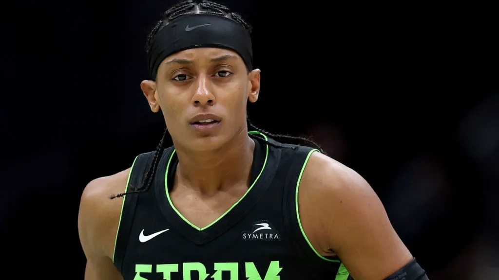Brittney Sykes #20 of the Seattle Storm looks on against the Atlanta Dream at Climate Pledge Arena on August 13, 2025. (Source: Steph Chambers/Getty Images)
