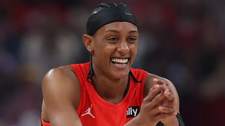 Brittney Sykes #15 of the Washington Mystics reacts during the first half of the 2025 AT&T WNBA All-Star Game at Gainbridge Fieldhouse on July 19, 2025.