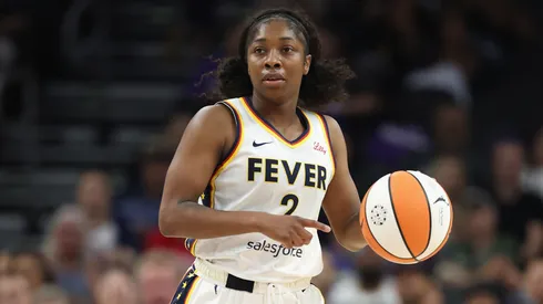 Aari McDonald #2 of the Indiana Fever handles the ball during the first half of the WNBA game at PHX Arena on August 07, 2025.