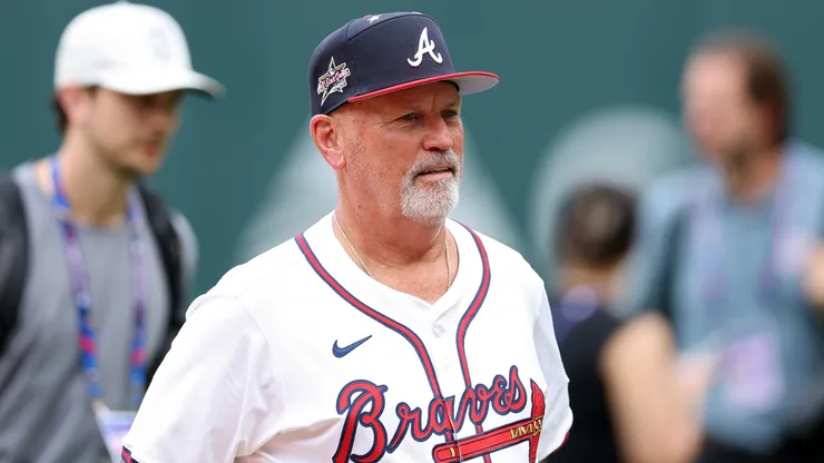 Manager Brian Snitker #43 of the Atlanta Braves looks on prior to the MLB All-Star Game.