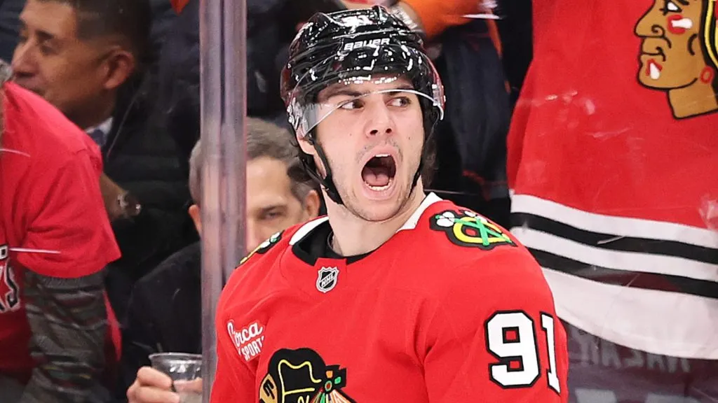 Frank Nazar of the Chicago Blackhawks celebrates a goal at United Center.