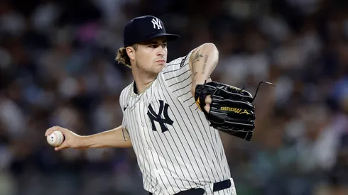 Cam Schlittler pitches against the Twins on August 13, 2025 in New York City.