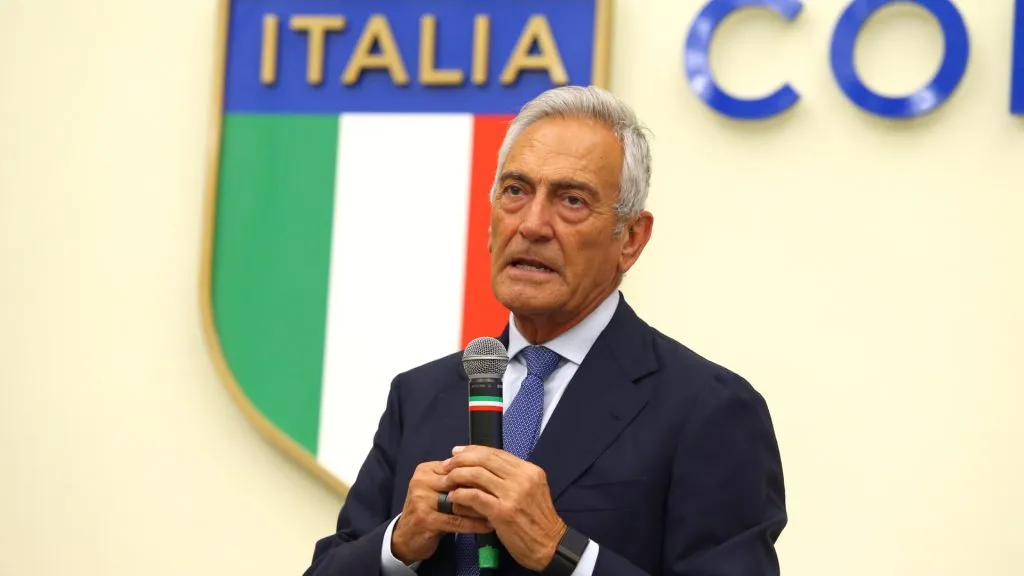 Italian Football Federation President Gabriele Gravina speaks during an event. (Paolo Bruno/Getty Images)