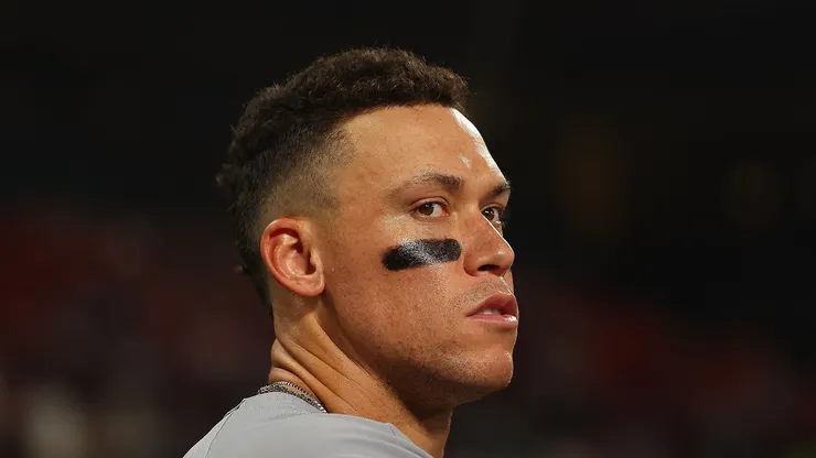 Judge looks on from the dugout during a game against the Cardinals on August 15, 2025 in St Louis, Missouri.