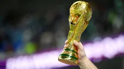 Detailed view of the FIFA World Cup trophy.