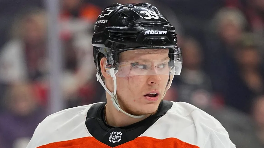 Matvei Michkov of the Philadelphia Flyers during an NHL game at Wells Fargo Center.