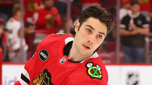 Frank Nazar #91 of the Chicago Blackhawks against the Carolina Hurricanes at the United Center.