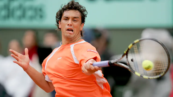 Mariano Puerta of Argentina in action against Rafael Nadal of Spain during the 2005 Roland Garros.